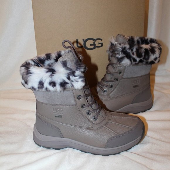 NIB UGG WOMEN'S LEOPARD LEATHER ADIRONDACK SNOW BOOTS BLACK GRAY WHITE - Picture 1 of 9